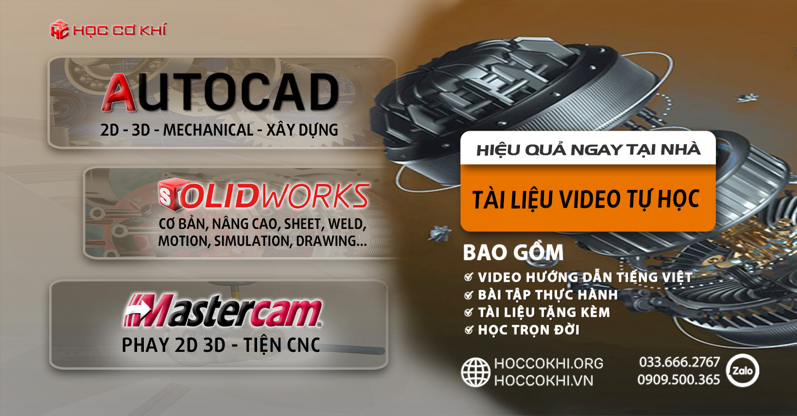 TRỌN BỘ TÀI LIỆU + VIDEO TỰ HỌC AUTOCAD SOLIDWORKS MASTERCAM - Học Cơ Khí